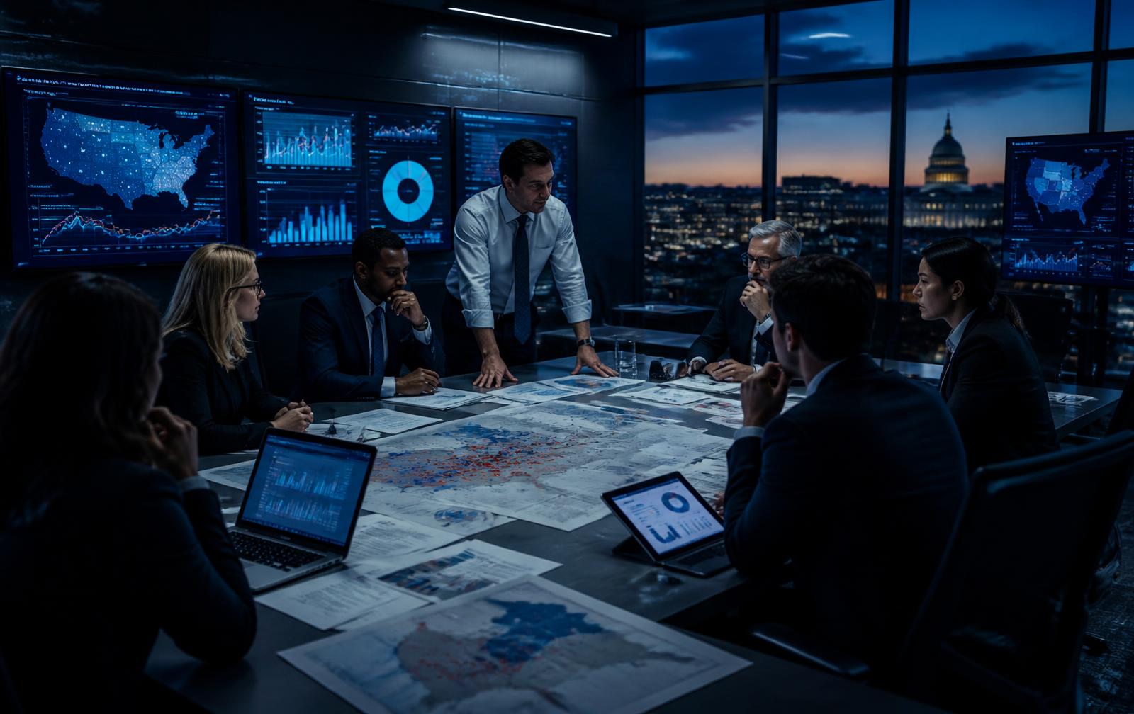 Equipo de estrategia política analizando datos de campaña
